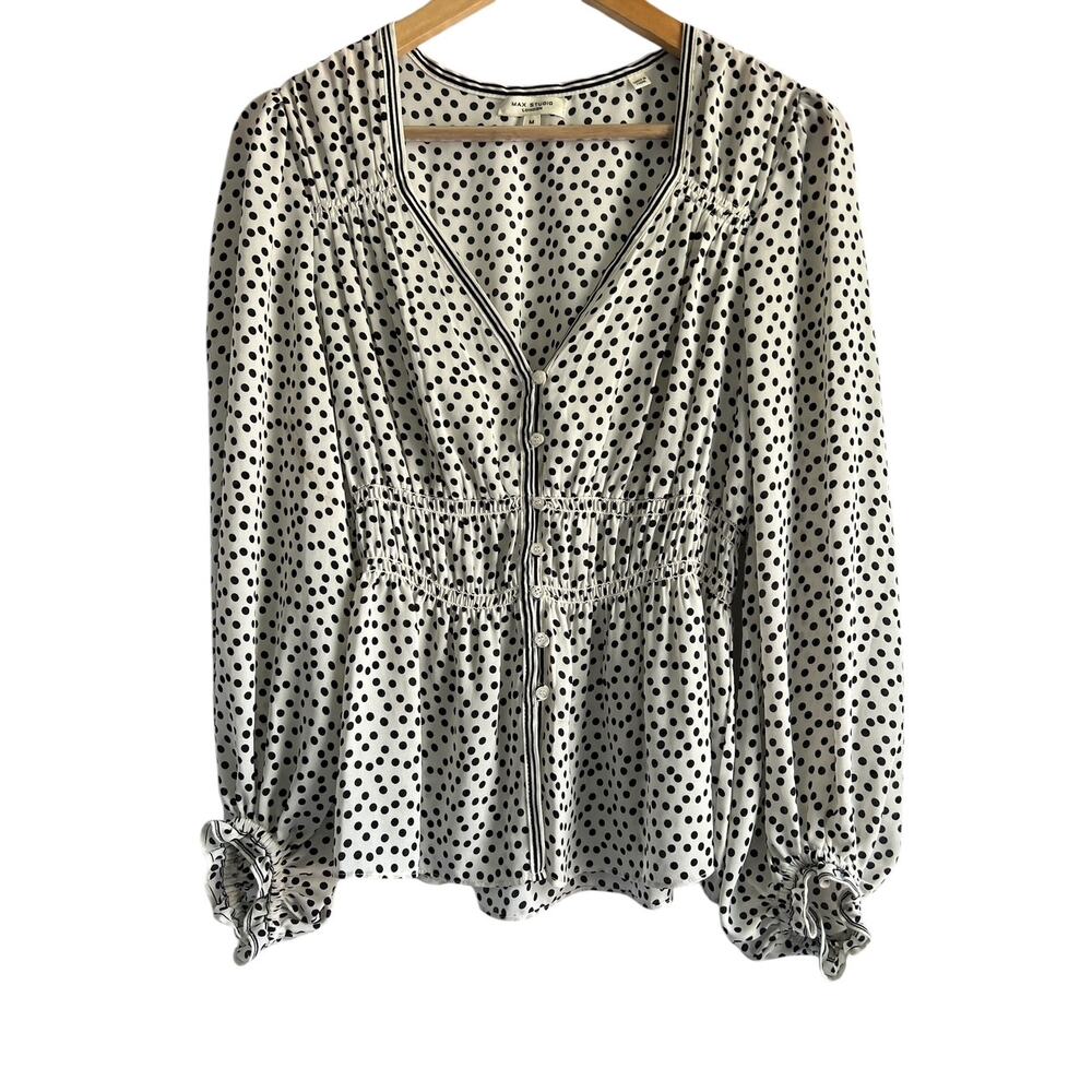 Max Studio Women’s Size Medium Polka Dot V Neck Button Front Blouse